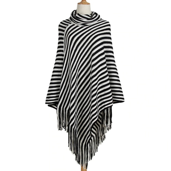 NEW Striped Tassel Poncho Shawl Cape Top - Picture 4 of 4
